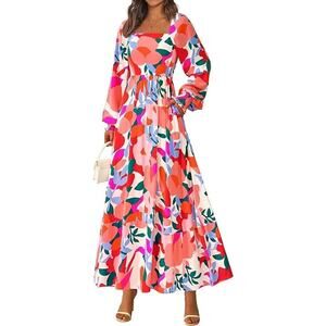 Rio Bright‎ Floral Smocked Maximalist Boho Cottage Prairie Modest Maxi Dress LG